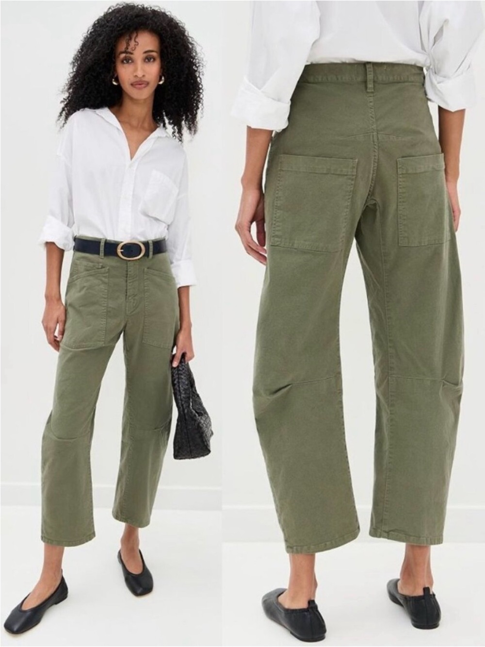 Nili Lotan Shon Pant Olive Green Twill Cotton Barrel Leg Cropped Size 6